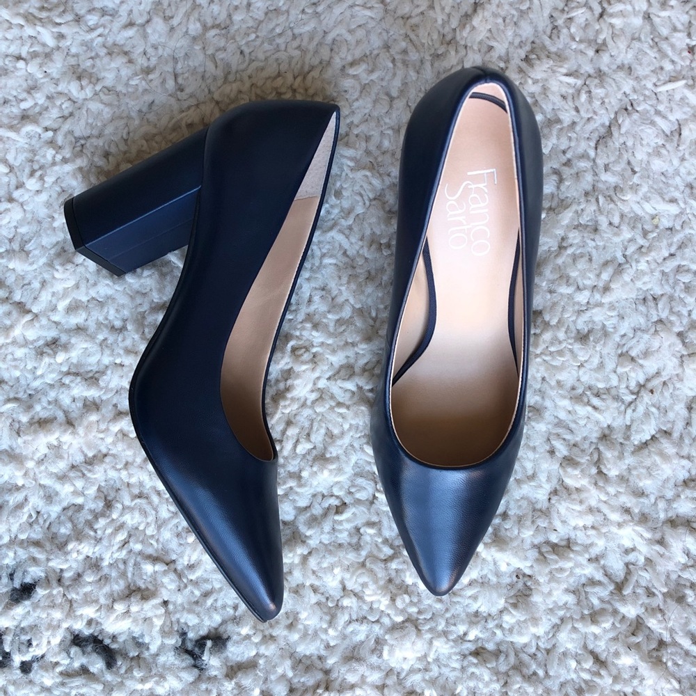 Franco Sarto Navy Pointed Toe Block Heel Pumps